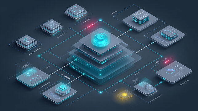 AI Governance Orchestration Platform Architecture Diagram - isometric infographics technology vector - Layered AI platform with AI data ecosystem, governance layer, human in the loop, business