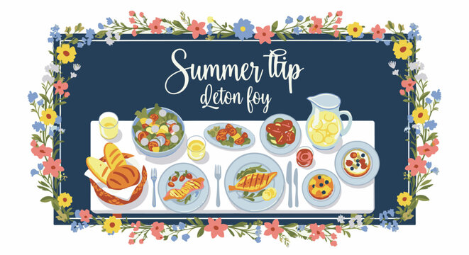 Floral border frames a summer picnic spread with grilled fish, salads, and fruit tarts
