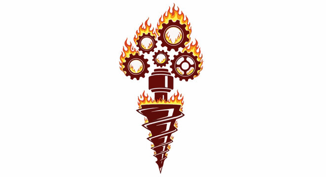 Fiery drill bit with gears, symbolizing power and industry