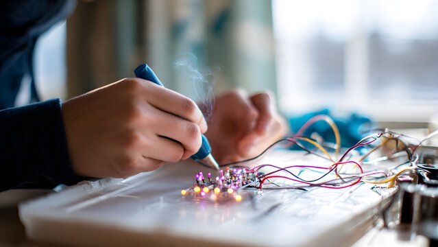 Ultra‑realistic macro of a soldering iron tip soldering a tiny varistor lead to a green PCB pad.