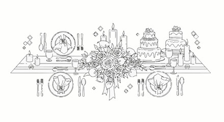 Obraz premium Elegant table setting with floral centerpiece, tiered cakes, and candles