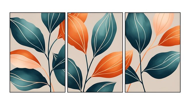 Vibrant orange and green leaves on beige background in triptych art piece