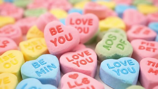 Sweet Valentine conversation hearts candy with romantic messages like "Love You" and "Kiss Me," illustrated in a colorful pastel pile representing love and affection.
