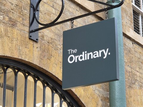 London UK 04.07.2025 The Ordinary skincare brand sign on minimalist storefront with clean typography and modern design highlighting popular beauty retail concept in urban environment