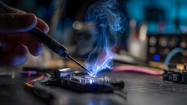 Macro shot of a soldering iron tip forming a perfect solder fillet on a green PCB pad, solder wire feeding from the side.