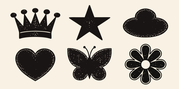 Black silhouettes of crown star cloud heart butterfly flower