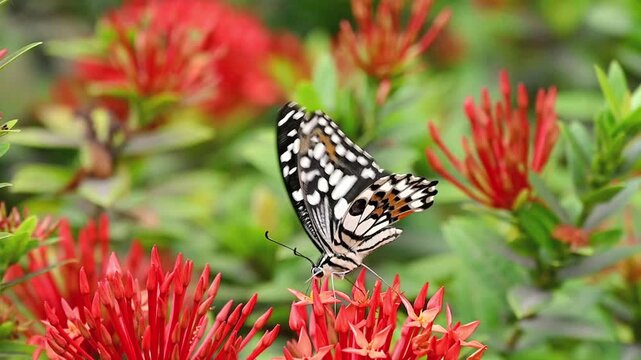 Lime butterfly resting and feeding on pink wildflowers in a garden, moving from center to left among soft purple-pink blooms, dreamy nature scene with green bokeh background in slow motion