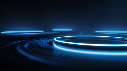 Fototapeta premium Blue circles glowing overpping on dark blue background. Speed motion moving movement concept Blue neon ring. Glowing circle. Glow effect. Round light frame. abstract light lines of movement