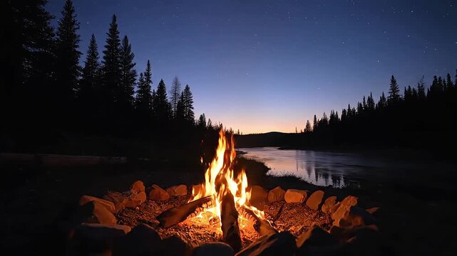 Cozy campfire burning by a calm river at twilight, illustrated with bright orange flames inside a stone ring under a starry night sky and silhouettes of pine trees in the wilderness.
