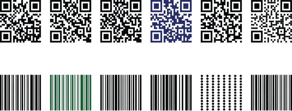 QR codes and barcodes are arranged in a horizontal row to display various scanning patterns for digital identification and inventory management systems.
