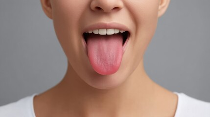 Fototapeta premium Close-up of Woman Sticking Out Her Tongue Against Neutral Background, Expressing Playfulness and Fun in Portrait Photography