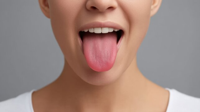 Close-up of Woman Sticking Out Her Tongue Against Neutral Background, Expressing Playfulness and Fun in Portrait Photography
