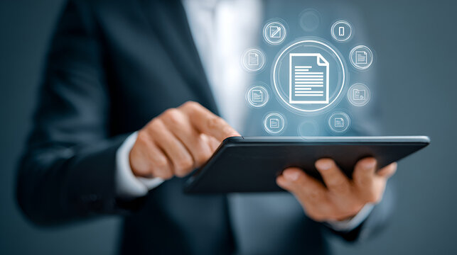 Business professional holding tablet with policy updated notification, Corporate compliance, new rules implementation, governance management, regulatory change, and digital documentation process.