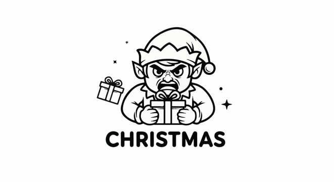 Grumpy cartoon elf with gifts, stars, and "CHRISTMAS" text
