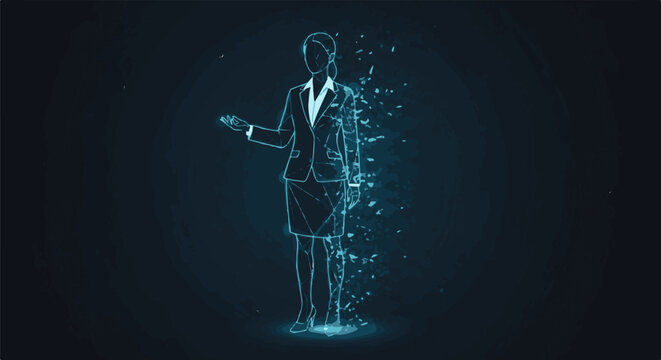 Futuristic business professional dissolving into digital particles