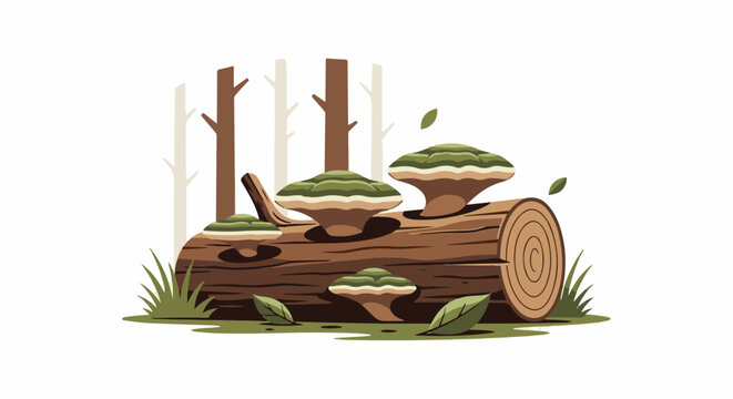 Forest floor scene with fungi on a fallen log and minimalist trees