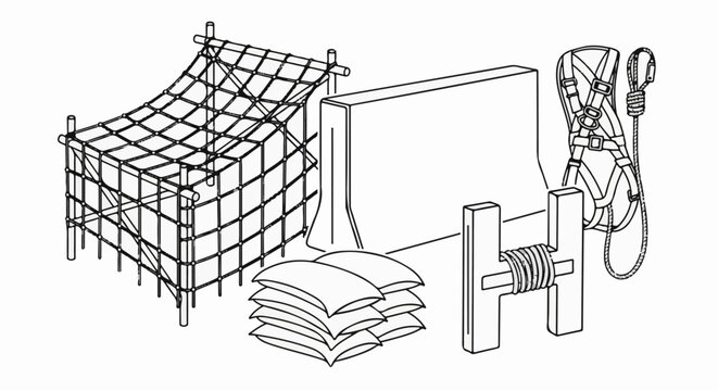 Equipment for training, including a netted structure, sandbags, and safety harness