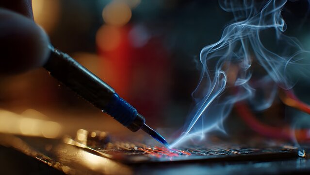 A high-dynamic-range close-up of a technician soldering multicolored wires on a metal plate, the blue soldering iron casting intense reflections, thin