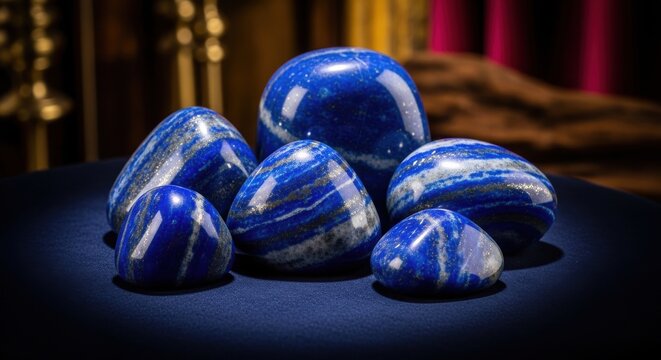 A captivating assortment of smooth, polished lapis lazuli stones showcasing deep blue hues and intricate white and gold pyrite veins.