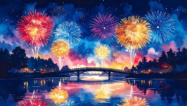 Spectacular watercolor illustration of Japanese summer fireworks festival with colorful hanabi over bridge and lake