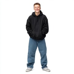 Naklejka premium Russian handsome 15 years boy wearing a black hoodie and blue black isolated on a white background