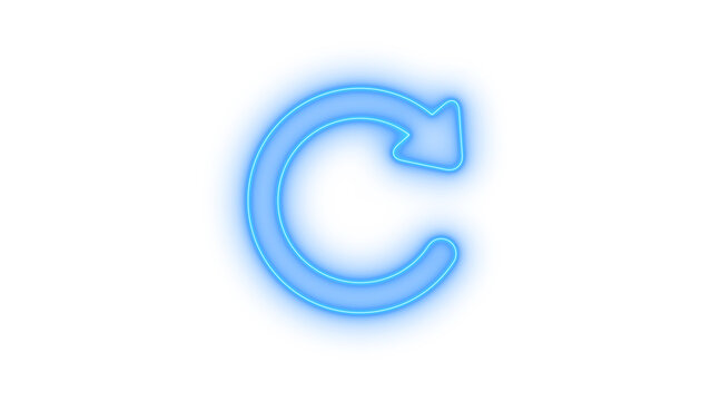 Colorful neon blue refresh reload arrow icon glowing with electric light for website interface navigation and data synchronization isolated on transparent background