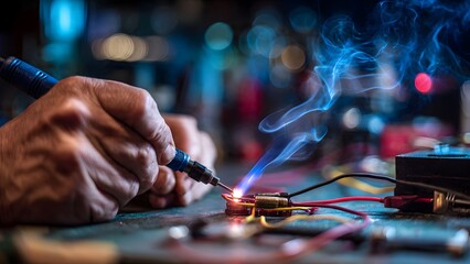 A close‑up shot of a left‑handed engineer soldering two‑color wires on a metal plate, the blue soldering iron producing a tiny spark and a thin smoke trail, the background blurred with measuring tools