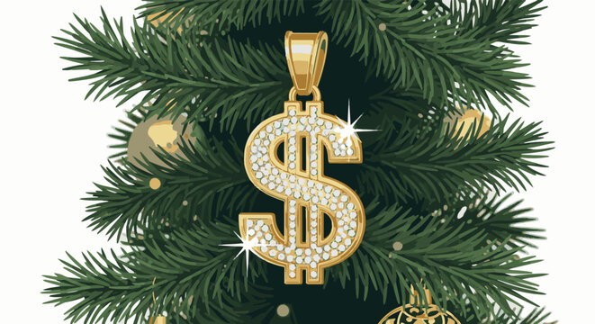 Gold dollar sign pendant with diamonds hanging on a Christmas tree