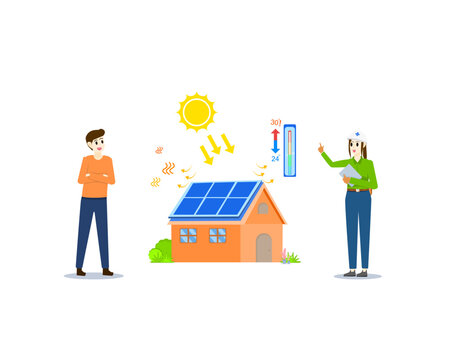 Female engineer discussing the benefits of renewable solar energy on rooftop to reduce indoor temperatures. Vector man and woman with solar cells at home concept clean energy, sustainable development 