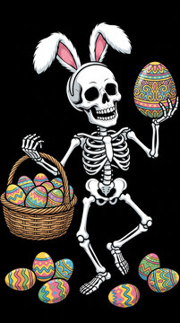 Cartoon skeleton wearing bunny ears holding a decorated egg next to a basket, funny easter mashup, spooky holiday concept, Easter.