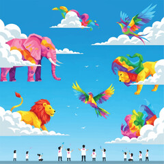 Fototapeta premium Vibrant creatures fly amidst clouds with people below outdoors