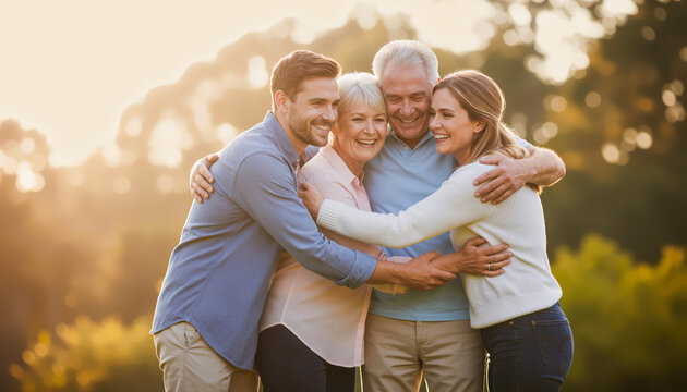 Happy Multi-Generational Family Hugging Together Outdoors In Park At Sunset Golden Hour
