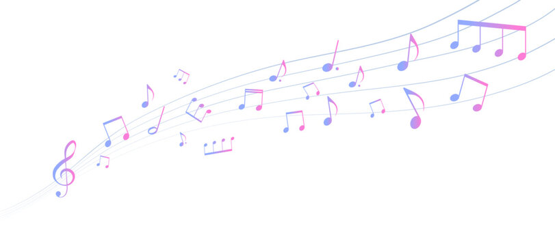 カラフルな遠近感のある楽譜のフレームイラスト　五線譜　背景イラスト　音符、音楽記号のイラスト