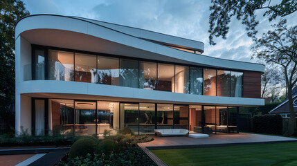 Obraz premium Modern luxury home with sleek design and glass facade at dusk