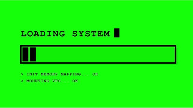 Vintage computer loading screen, green boot screen, system initialization, retro technology display