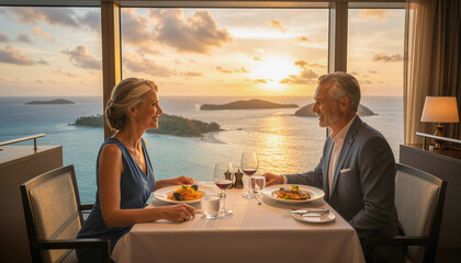 Obraz premium Senior Couple Enjoying Romantic Sunset Dinner at Luxury Ocean View Restaurant
