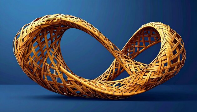 Elegant abstract Mobius strip crafted from interwoven wooden strands, symbolizing infinity and continuous flow against a deep blue background