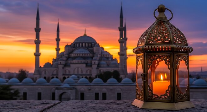 A pixelated image of a mosque at sunset