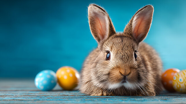 Frohe Ostern Konzept Feiertag Gru&szlig;karte, Karte mit deutschem Text - Cooler Osterhase, Hase mit Ostereier, isoliert auf blauem Hintergrund