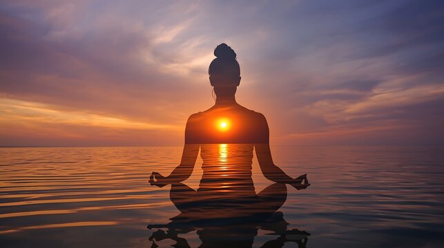 A Serene Silhouette Meditating During A Radiant Golden Ocean Sunset.