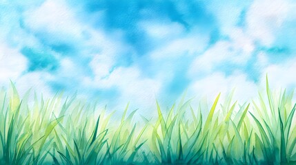 Fototapeta premium Serene green field watercolor illustration peaceful landscape luminous light airy blue sky calm energy