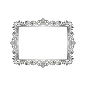 Ornate rectangular silver frame with detailed scrolling acanthus leaves and filigree floral patterns against a transparent background, elegant luxury atmosphere