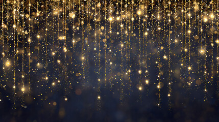 Naklejka premium Golden glitter confetti rain with hanging sparkle strings for luxury event invitation and festive web header