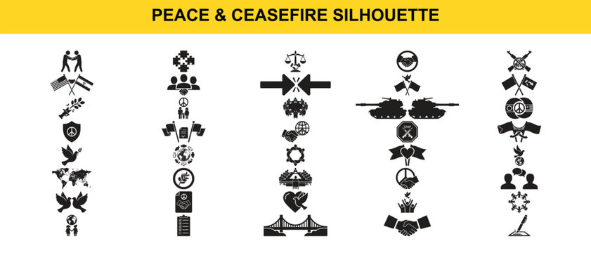 A collection of peace and ceasefire silhouette icons, depicting symbols of unity, conflict, diplomacy, and remembrance in various arrangements.