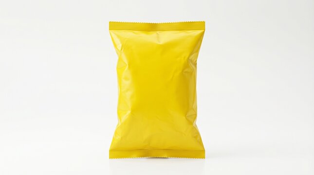 Bright yellow potato chips packaging mockup isolated on white background clean minimal food snack pouch design template modern commercial advertising space empty bag realistic studio lighting product 