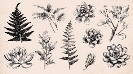 Fototapeta premium Hand-Drawn Top View Plant Ink Sketch Set Featuring Ferns and Succulents for Landscape Architecture Stock Vector