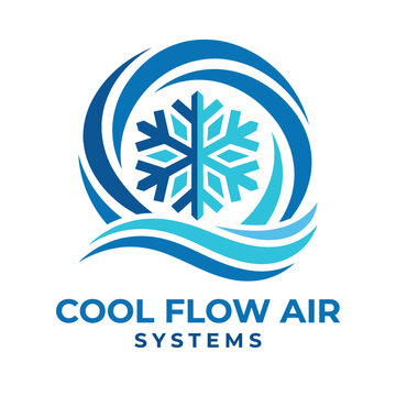 A stylish logo for 'Cool Flow Air Systems,' featuring a snowflake and swirling water, representing air conditioning and climate control services for comfortable living.