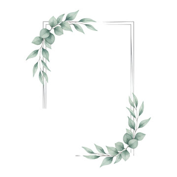 Minimalist silver rectangular frame with sage green watercolor eucalyptus leaves on a transparent background refined botanical wedding invitation concept