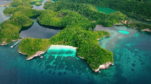 Aerial Drone View of Karina Beach and Jelly Fish Lake &ndash; Togean Island Indonesia Tropical Paradise