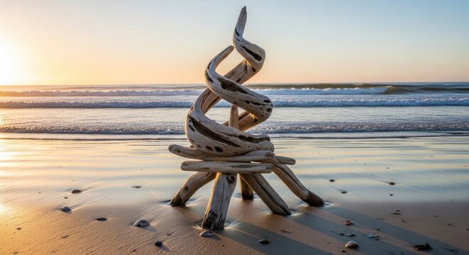 Artful driftwood sculpture twisted organically on a sandy beach at sunrise or sunset